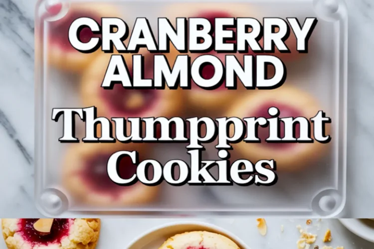 Two-image collage of cranberry almond thumbprint cookies, with the top showing golden cookies filled with vibrant cranberry jam on a marble background, and the bottom showcasing a broken cookie revealing a soft interior and glossy filling, styled with almond slices and crumbs.