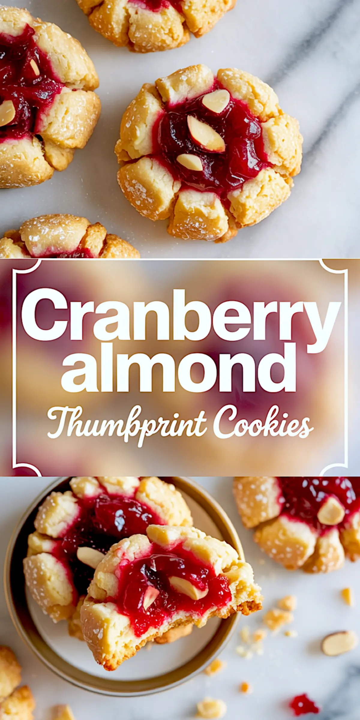 Vertical collage of cranberry almond thumbprint cookies, featuring a close-up of golden baked cookies with jewel-toned cranberry centers and almond slivers, paired with a half-eaten cookie in a round dish, all on a white marble background with scattered crumbs.
