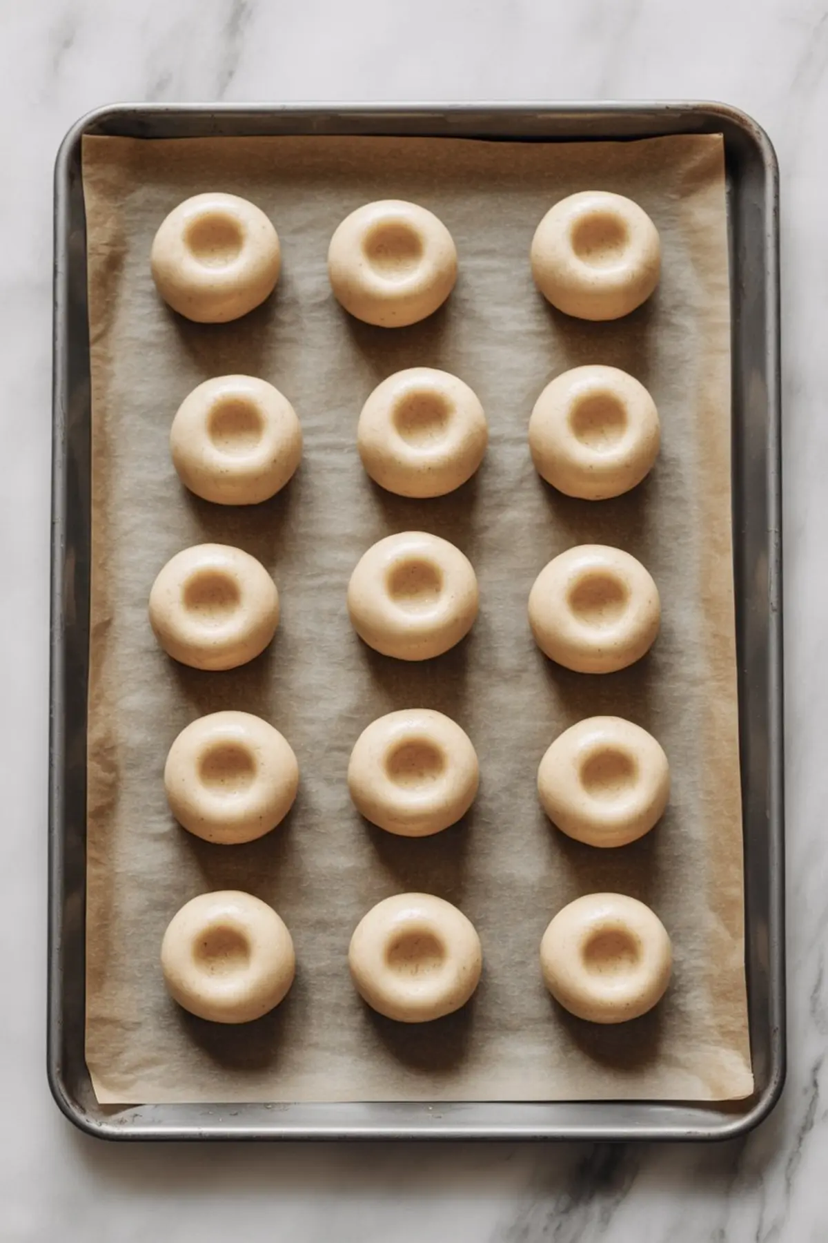 Unbaked thumbprint cookie dough shaped into uniform rounds with centered indentations arranged neatly on a parchment-lined baking sheet, ready for filling and baking.
