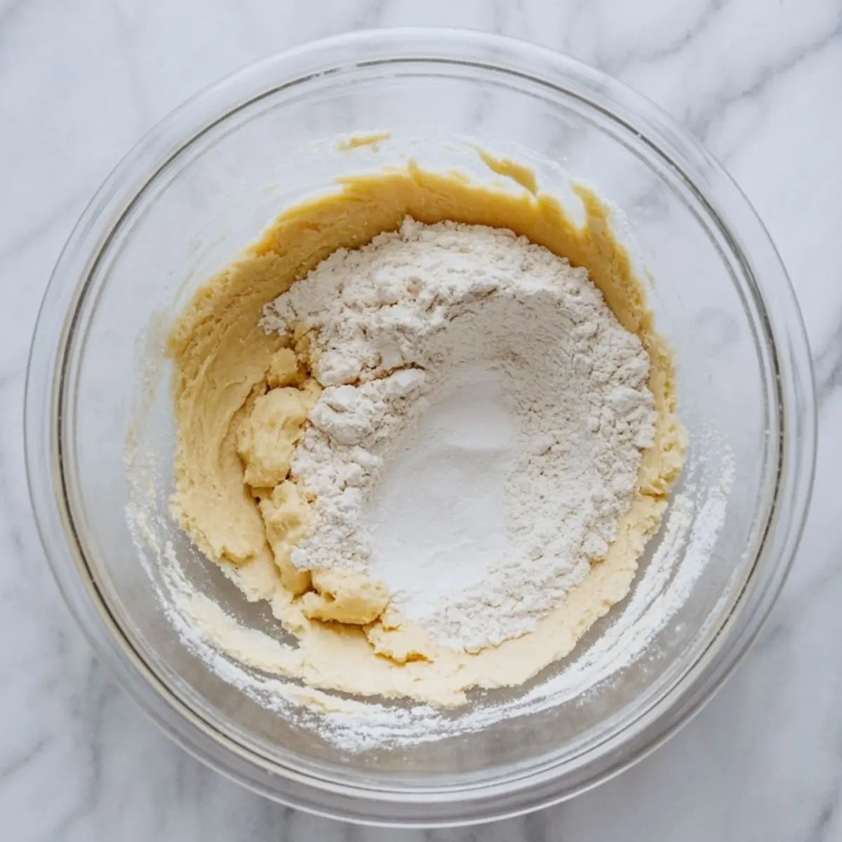 Mixing bowl containing creamed butter and sugar partially combined with flour and baking soda, showing the cookie dough at an early preparation stage.

