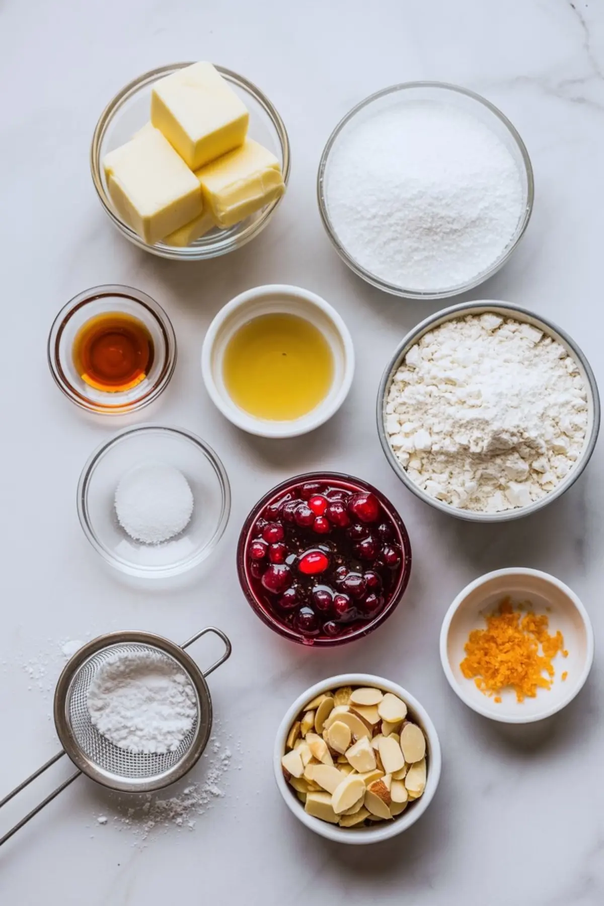 Flat lay of measured ingredients for cranberry almond thumbprint cookies, including butter cubes, flour, sugar, eggs, vanilla extract, salt, cranberry preserves, sliced almonds, and orange zest on a marble surface.
