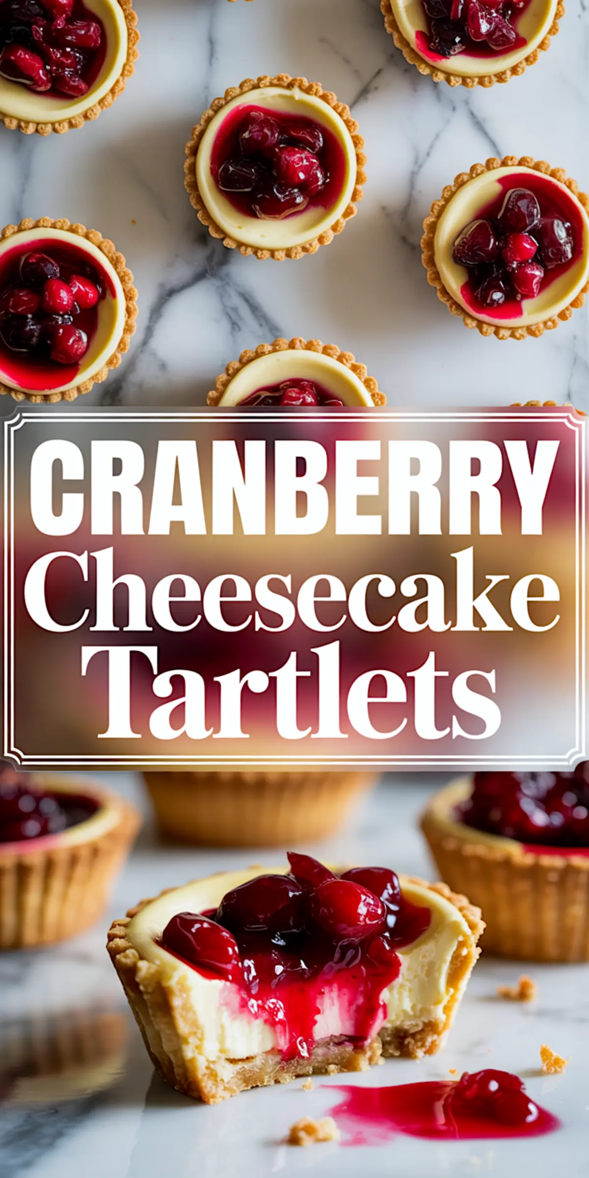 Vertical collage showing cranberry cheesecake tartlets from a top and front angle with glossy cranberry topping, creamy cheesecake filling, and crumbly graham crust, overlaid with text “Cranberry Cheesecake Tartlets.”