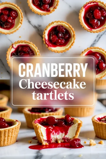 Cranberry cheesecake tartlets with golden crusts and glossy cranberry topping displayed on a marble surface, with bold text overlay reading “Cranberry Cheesecake Tartlets.”