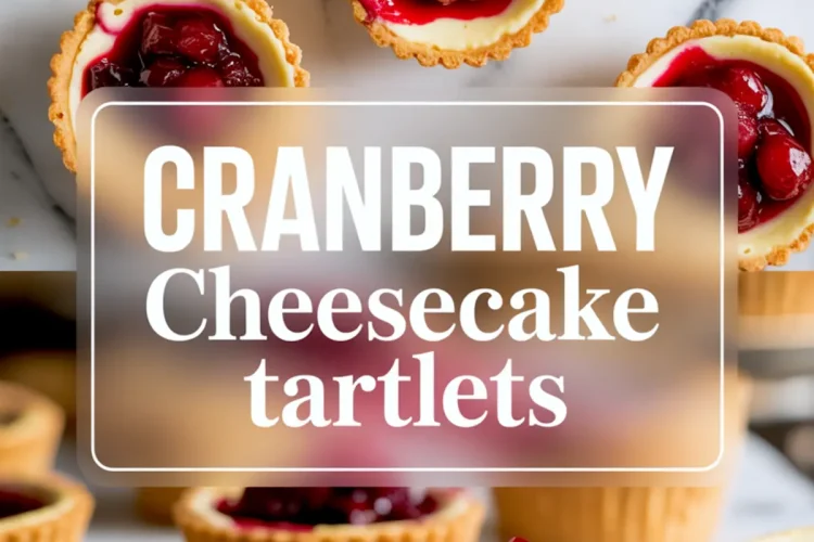 Cranberry cheesecake tartlets with golden crusts and glossy cranberry topping displayed on a marble surface, with bold text overlay reading “Cranberry Cheesecake Tartlets.”