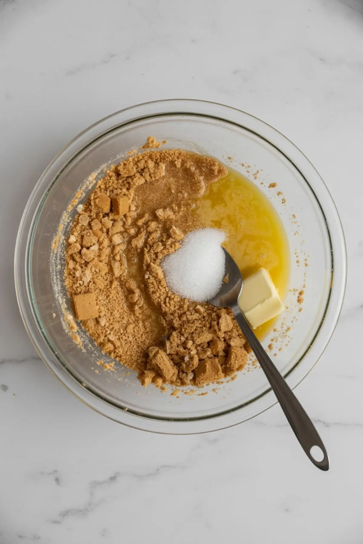 Glass mixing bowl filled with crushed graham crackers, granulated sugar, and melted butter, ready to be combined for a homemade tart crust base.