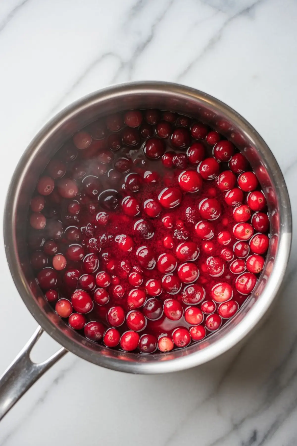 Top view of fresh cranberries simmering in a stainless steel saucepan on a marble surface, creating a vibrant red cranberry sauce for baking and desserts.