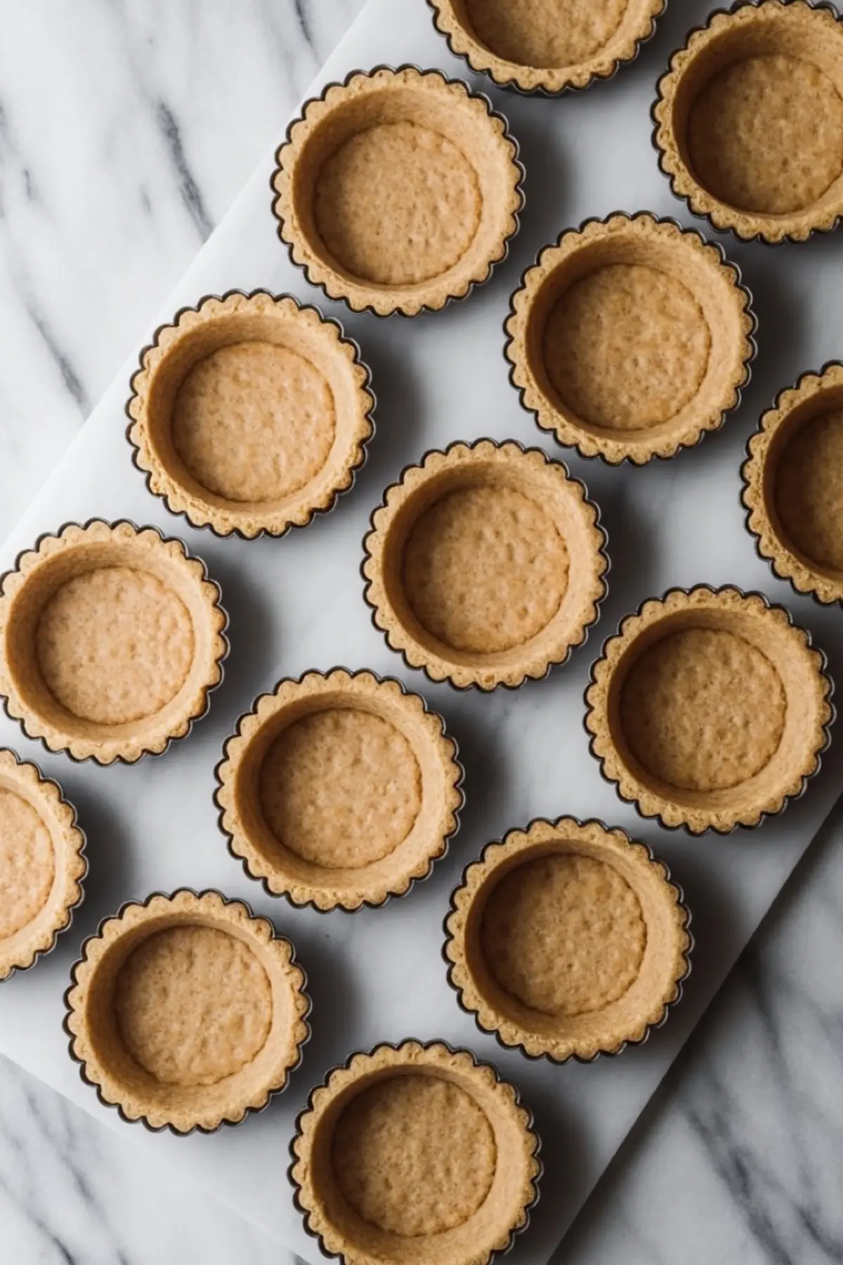 Unbaked mini tart shells with scalloped edges arranged on a marble surface, prepared for filling with cheesecake and fruit toppings.