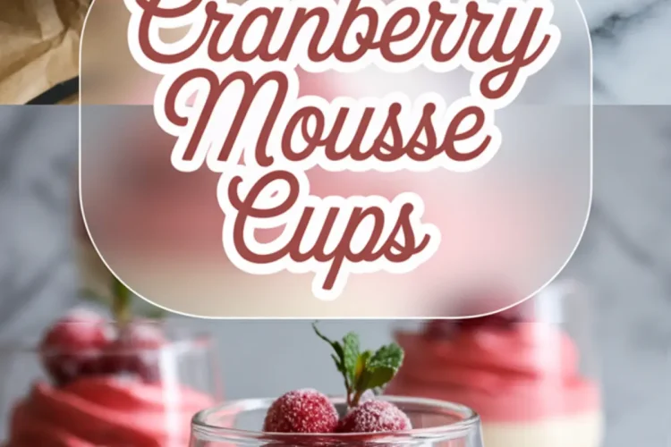 Layered cranberry mousse cups in clear glasses topped with sugared cranberries and fresh mint, with a bold overlay text that reads “Cranberry Mousse Cups” on a frosted background.