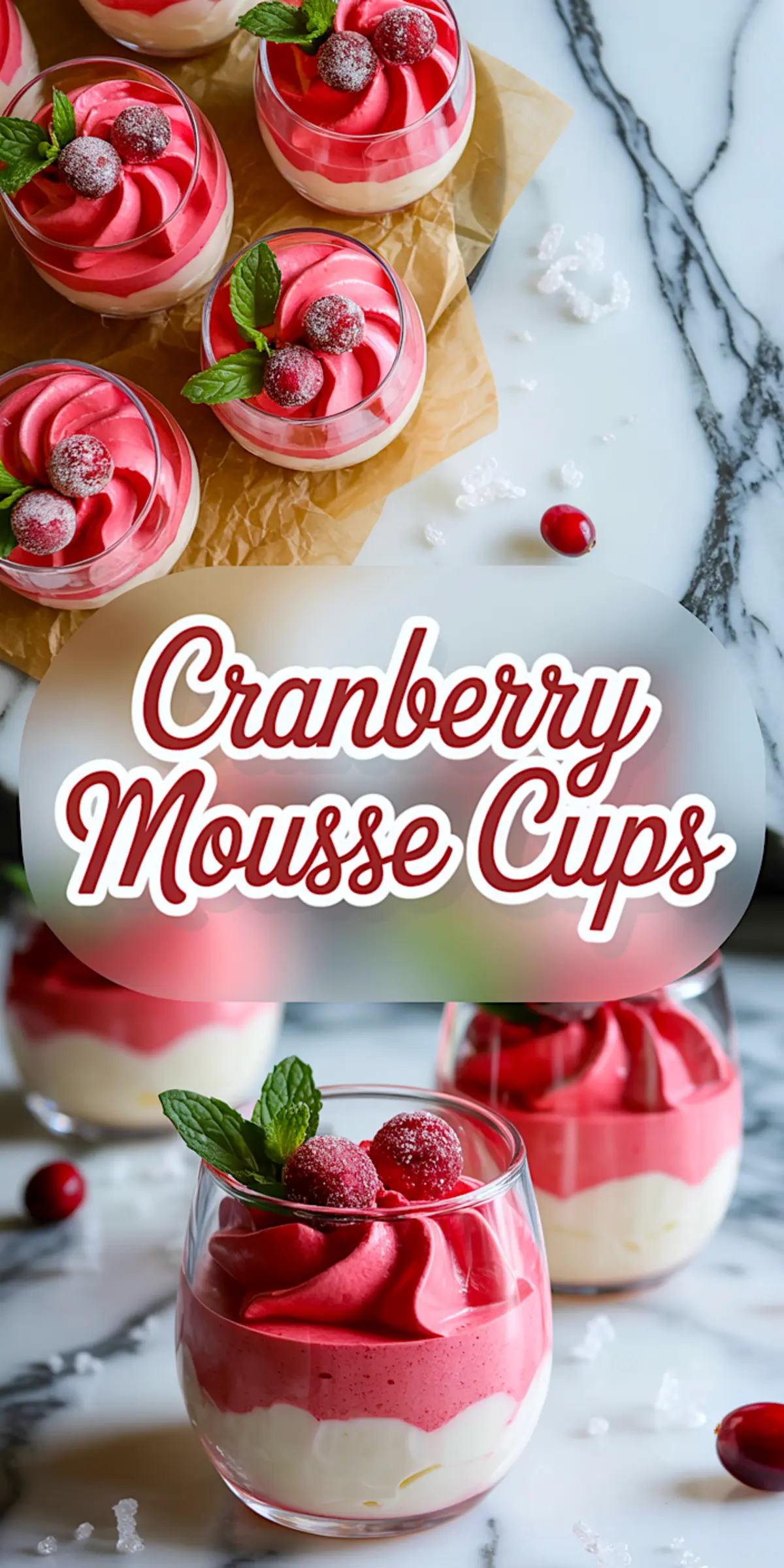 Collage showcasing festive cranberry mousse cups layered in glass jars, garnished with sugared cranberries and mint sprigs, over a marble and parchment background with stylized text “Cranberry Mousse Cups” in the center.
