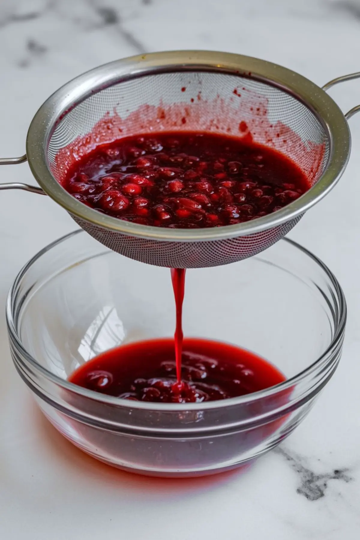 Homemade cranberry sauce being strained through a fine mesh sieve into a clear glass bowl, with rich red juice dripping down, set on a marble surface.
