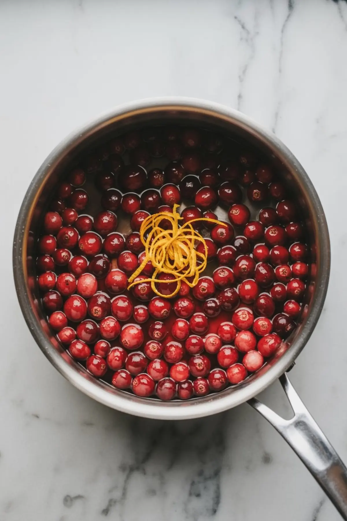 Fresh cranberries simmering in a saucepan with water and lemon zest strips, creating a vibrant base for cranberry sauce, placed on a white marble surface.
