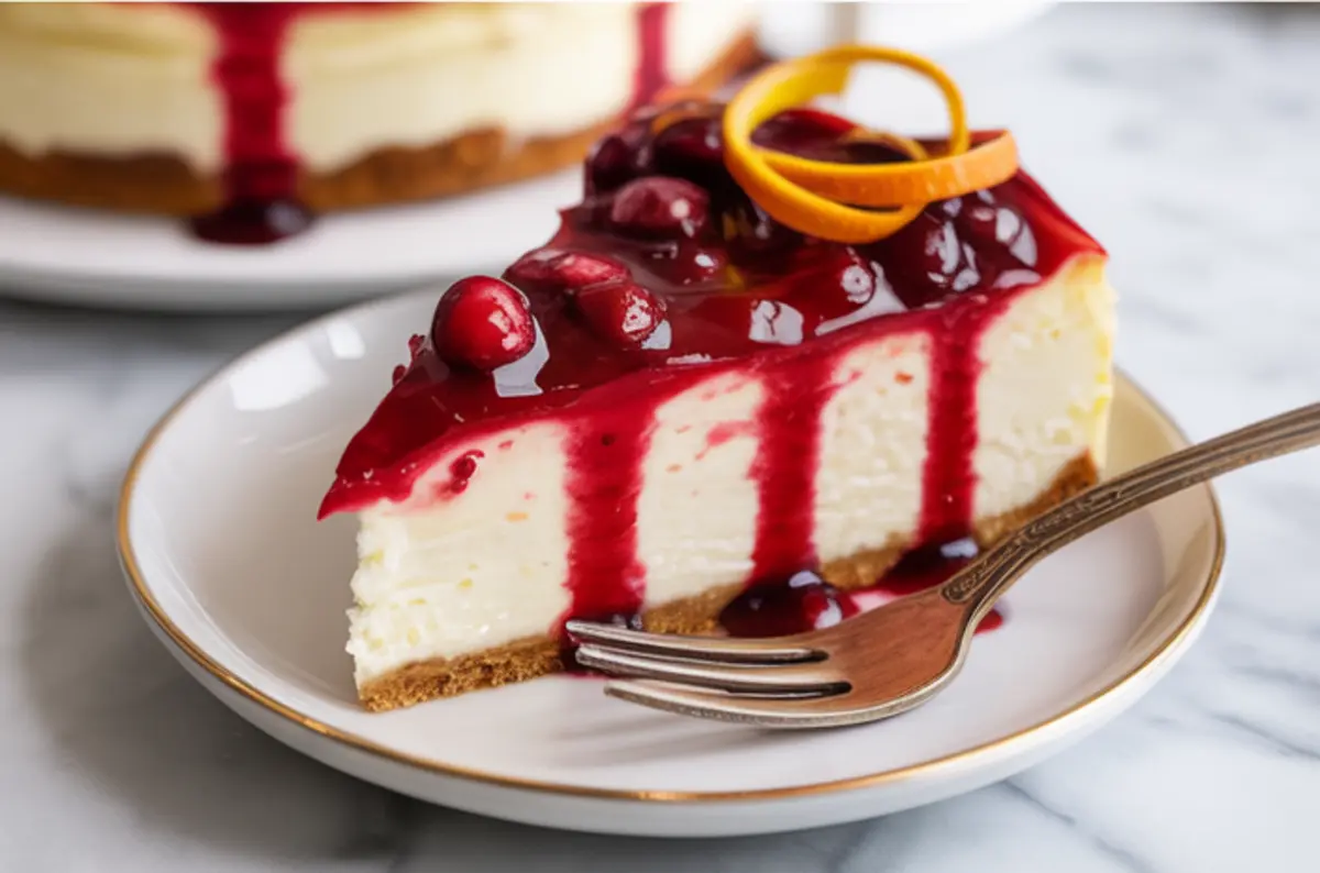 Close-up of cranberry orange cheesecake slice on a plate with a golden crust, cranberry topping, sugared cranberries, and orange curls, next to a dessert fork.
