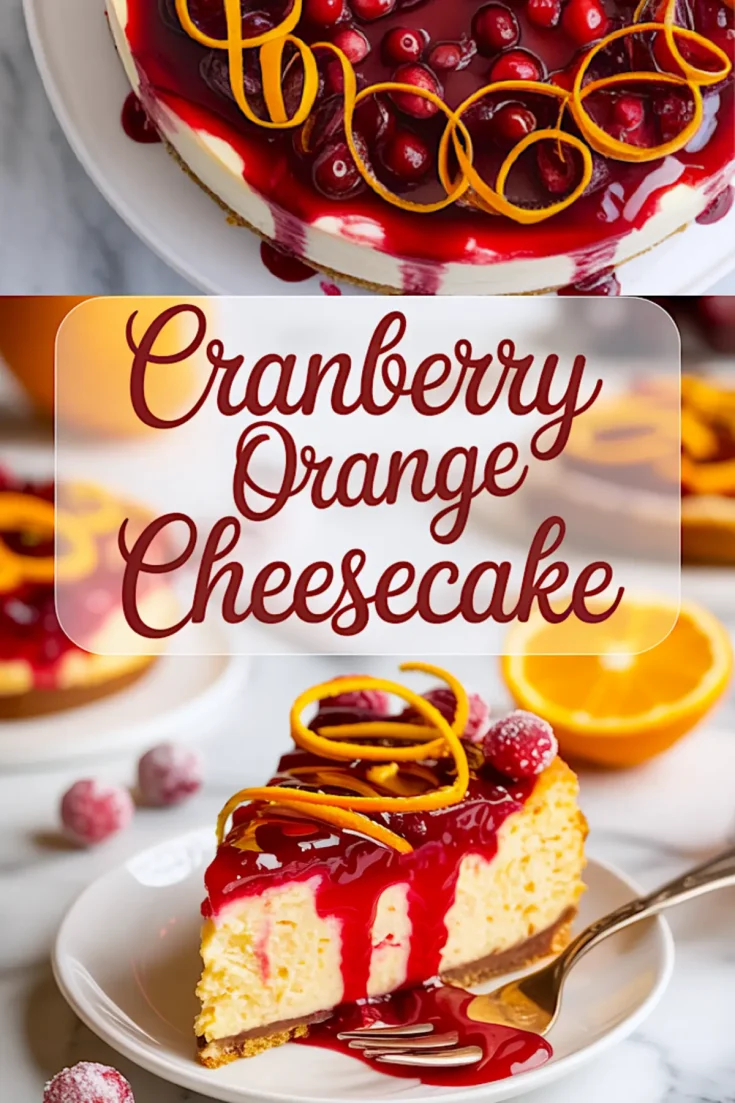 Vertical image collage showing overhead view of cranberry orange cheesecake with glossy topping and a plated slice below, framed by sugared cranberries and halved oranges, with scripted text reading “Cranberry Orange Cheesecake”.
