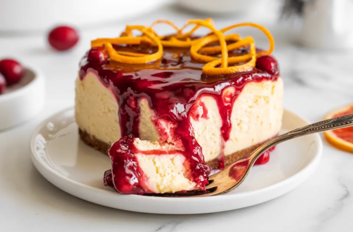 Whole cranberry orange cheesecake on a plate with a cut slice on a fork, topped with vibrant cranberry glaze and orange zest spirals, on a white table setting.
