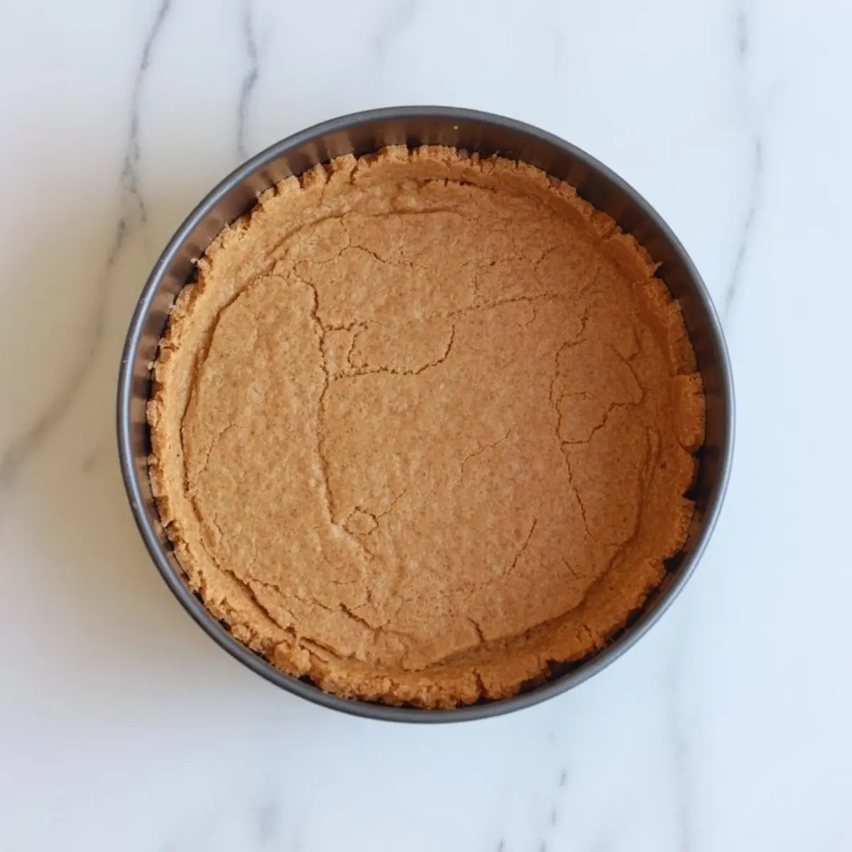 Baked graham cracker crust pressed into a springform pan with golden brown edges and a slightly cracked surface on a white background.
