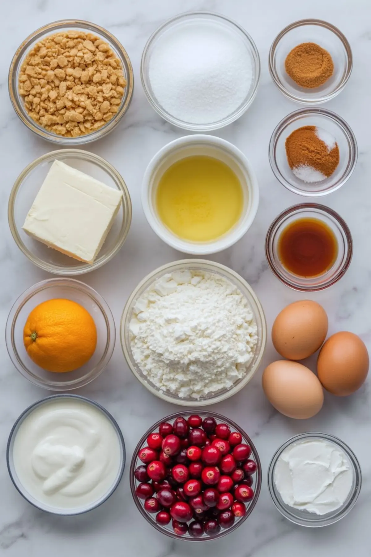 Flat lay of cranberry orange cheesecake ingredients including graham cracker crumbs, sugar, cream cheese, eggs, flour, yogurt, cranberries, butter, orange, vanilla, oil, and spices arranged on a white marble counter.
