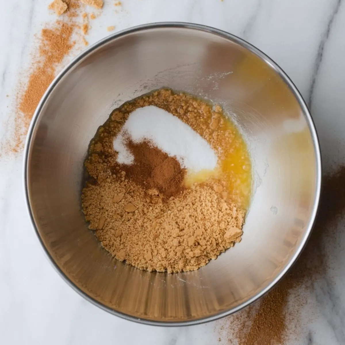 Bowl with crushed graham crackers, melted butter, sugar, and cinnamon being mixed on a marble surface with scattered crumbs and spice powder.
