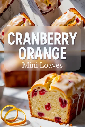 Pinterest-friendly collage image of cranberry orange mini loaves topped with icing, arranged on a marble background, with a sliced loaf revealing a soft, fluffy interior and visible cranberry pieces, captioned “Cranberry Orange Mini Loaves.”