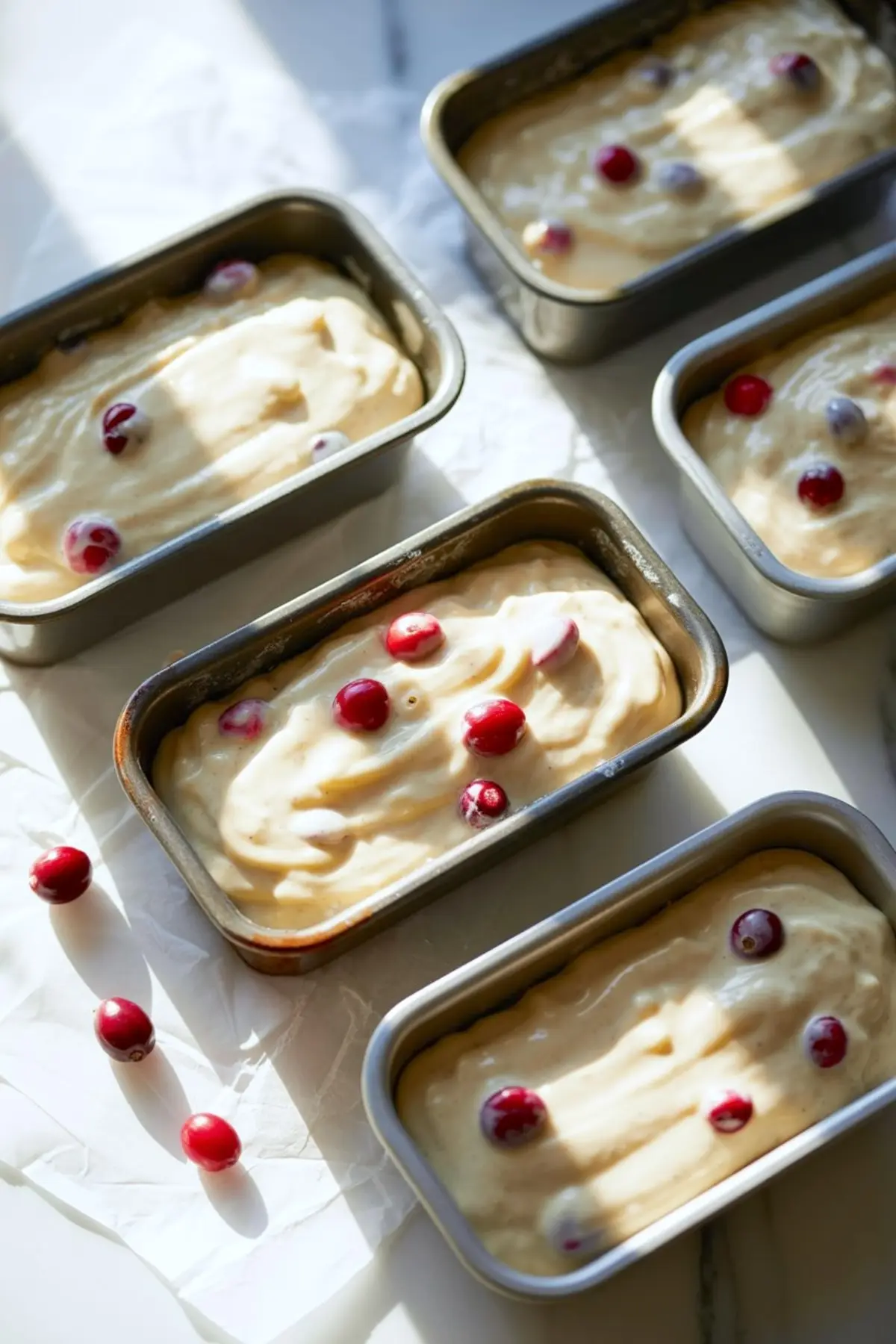 Five small loaf pans filled with raw cranberry orange batter, each topped with whole cranberries, placed on parchment paper with scattered fresh cranberries.
