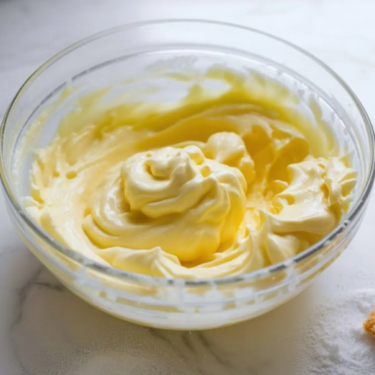 Glass bowl of smooth, whipped yellow batter with peaks, sitting on a marble surface ready for baking.
