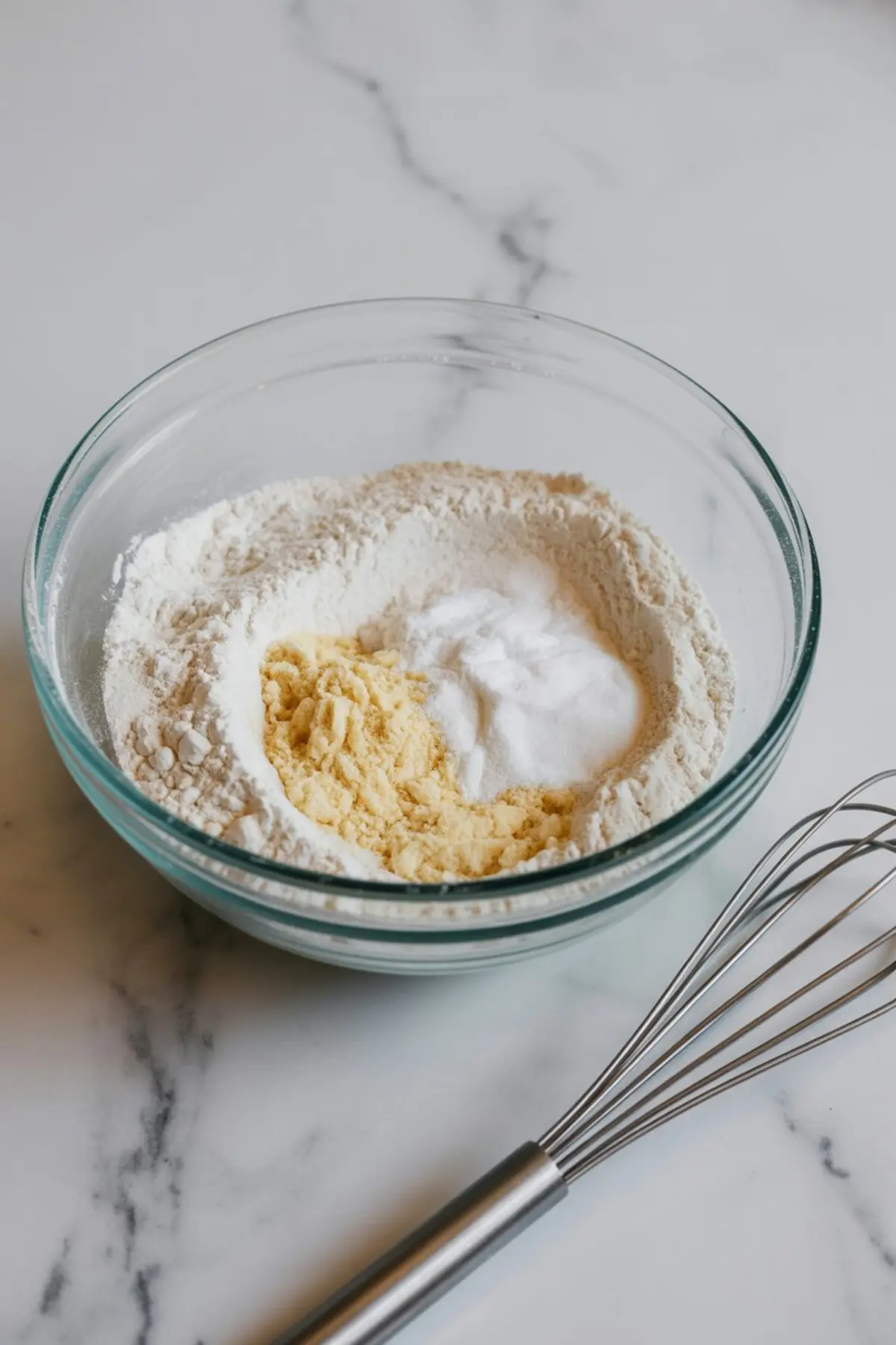 Clear glass bowl filled with dry baking ingredients including flour, cornmeal, baking soda, and baking powder, resting on a white marble surface with a metal whisk placed nearby.
