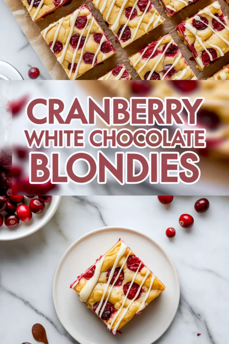 Vertical collage with bold text overlay “Cranberry White Chocolate Blondies” showcasing a clean layout with golden blondie squares, fresh cranberries, and minimalistic white background styling.