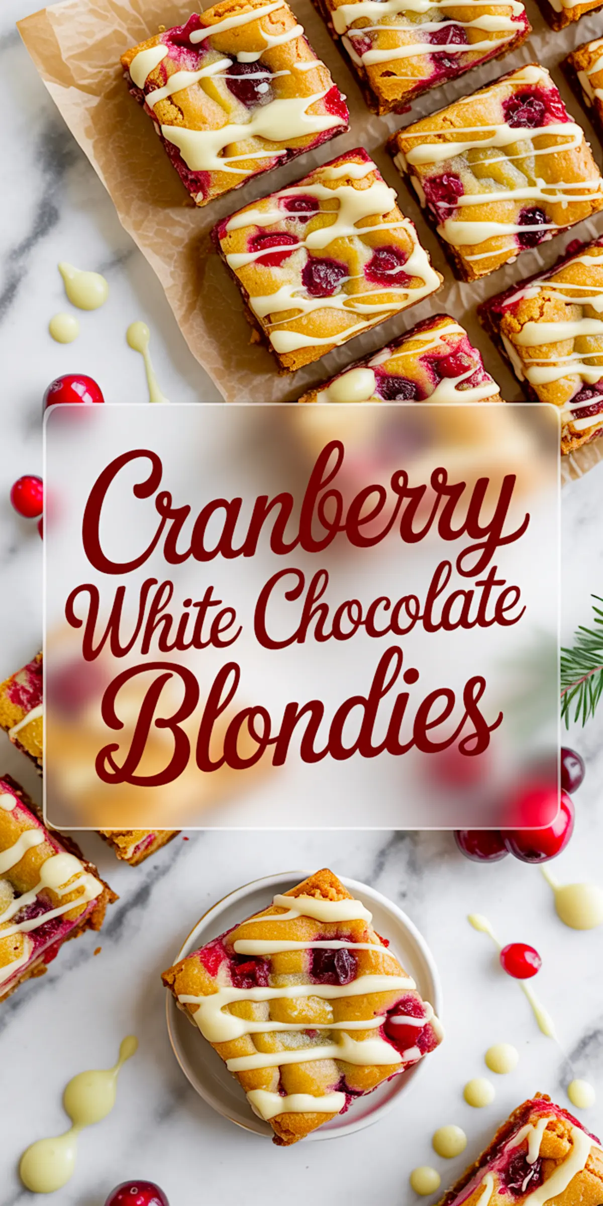 Vertical collage with text overlay “Cranberry White Chocolate Blondies” featuring close-up views of sliced blondies on parchment paper with visible cranberries and white chocolate drizzle.