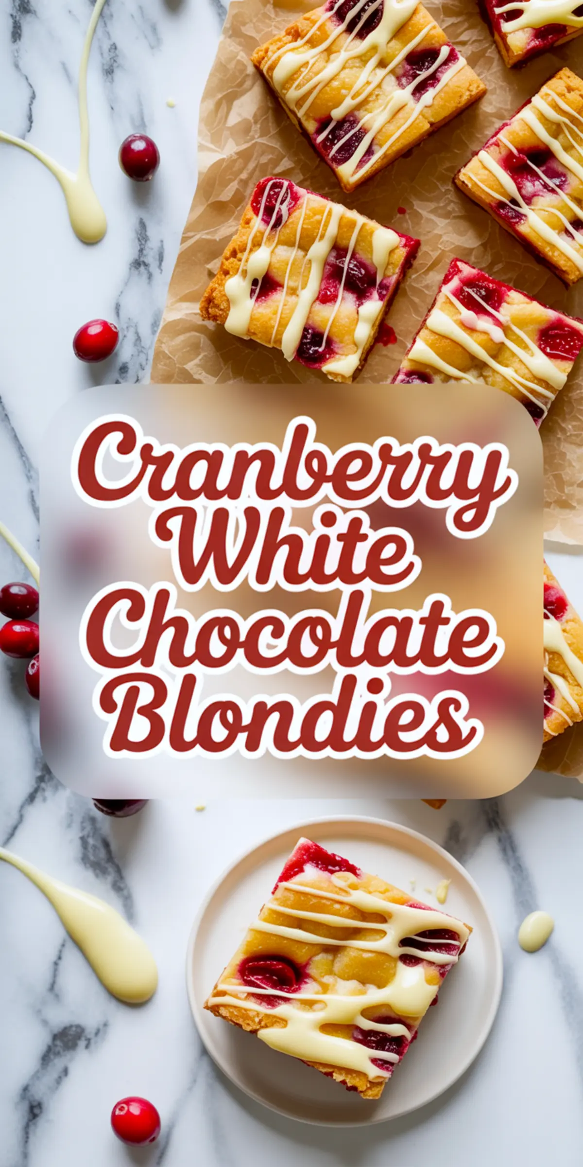 Vertical collage with text overlay “Cranberry White Chocolate Blondies” showing drizzled blondie bars, whole cranberries, and creamy white chocolate drizzle on parchment and marble surfaces.