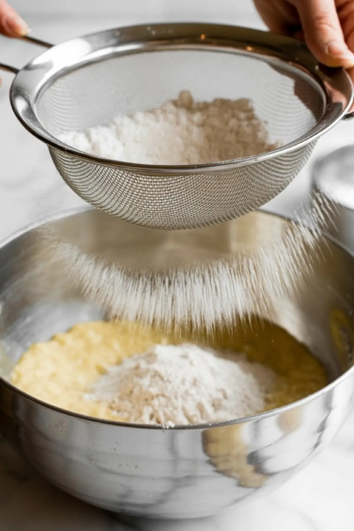 Sifting flour into a mixing bowl filled with wet batter, showing a fine dusting motion as the flour falls through a metal sieve.