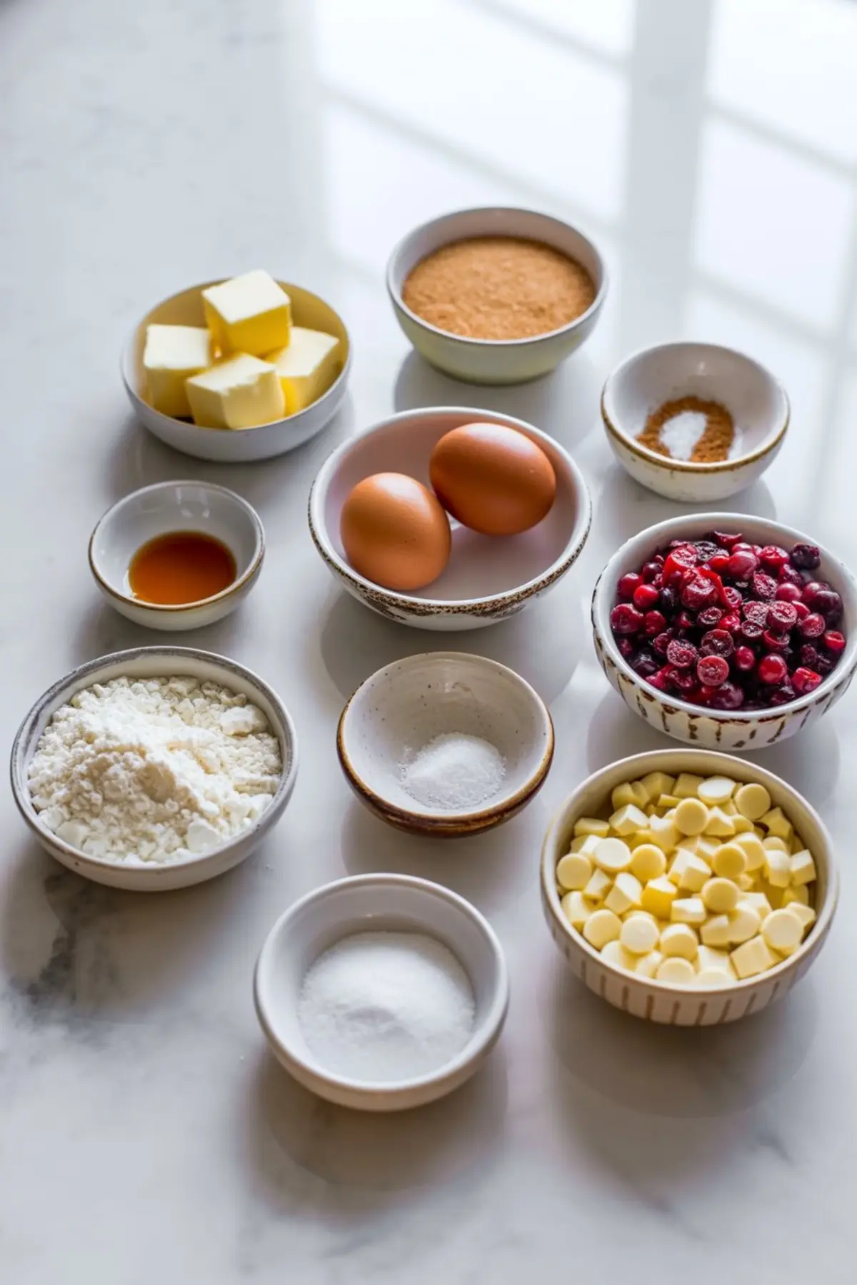 Overhead view of baking ingredients in small bowls on a marble surface, including eggs, butter, brown sugar, flour, white chocolate chips, vanilla extract, baking soda, cinnamon, salt, cranberries, and granulated sugar.