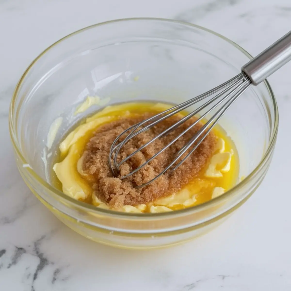 Glass bowl with a whisk blending melted butter and brown sugar on a marble surface, showing the early stage of blondie batter preparation.