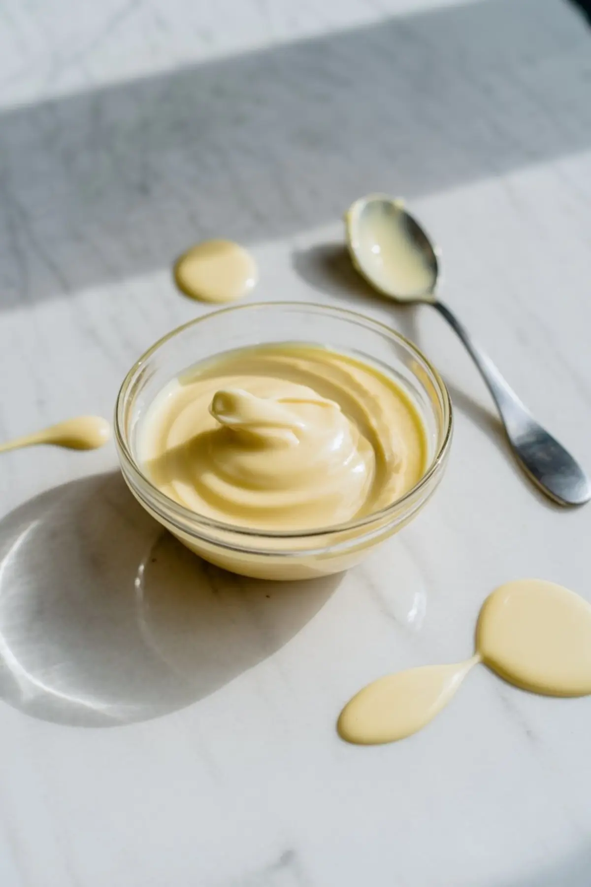 Small glass bowl of white chocolate ganache with a spoon and drizzles of ganache on a white marble surface under natural light.