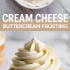 Collage image with “Cream Cheese Buttercream Frosting” text showing a bowl of swirled frosting and a frosted cupcake.