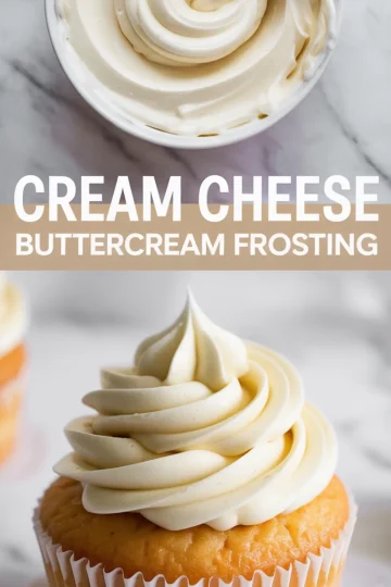 Collage image with “Cream Cheese Buttercream Frosting” text showing a bowl of swirled frosting and a frosted cupcake.