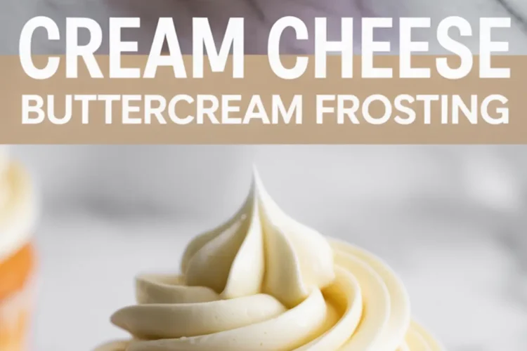 Collage image with “Cream Cheese Buttercream Frosting” text showing a bowl of swirled frosting and a frosted cupcake.