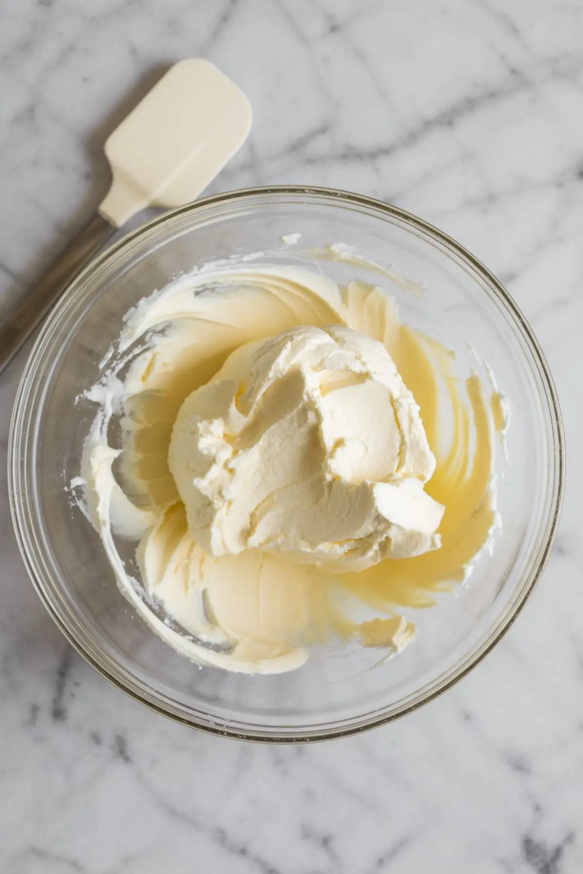 Glass bowl filled with whipped cream cheese frosting showing a light, fluffy, smooth texture next to a spatula.