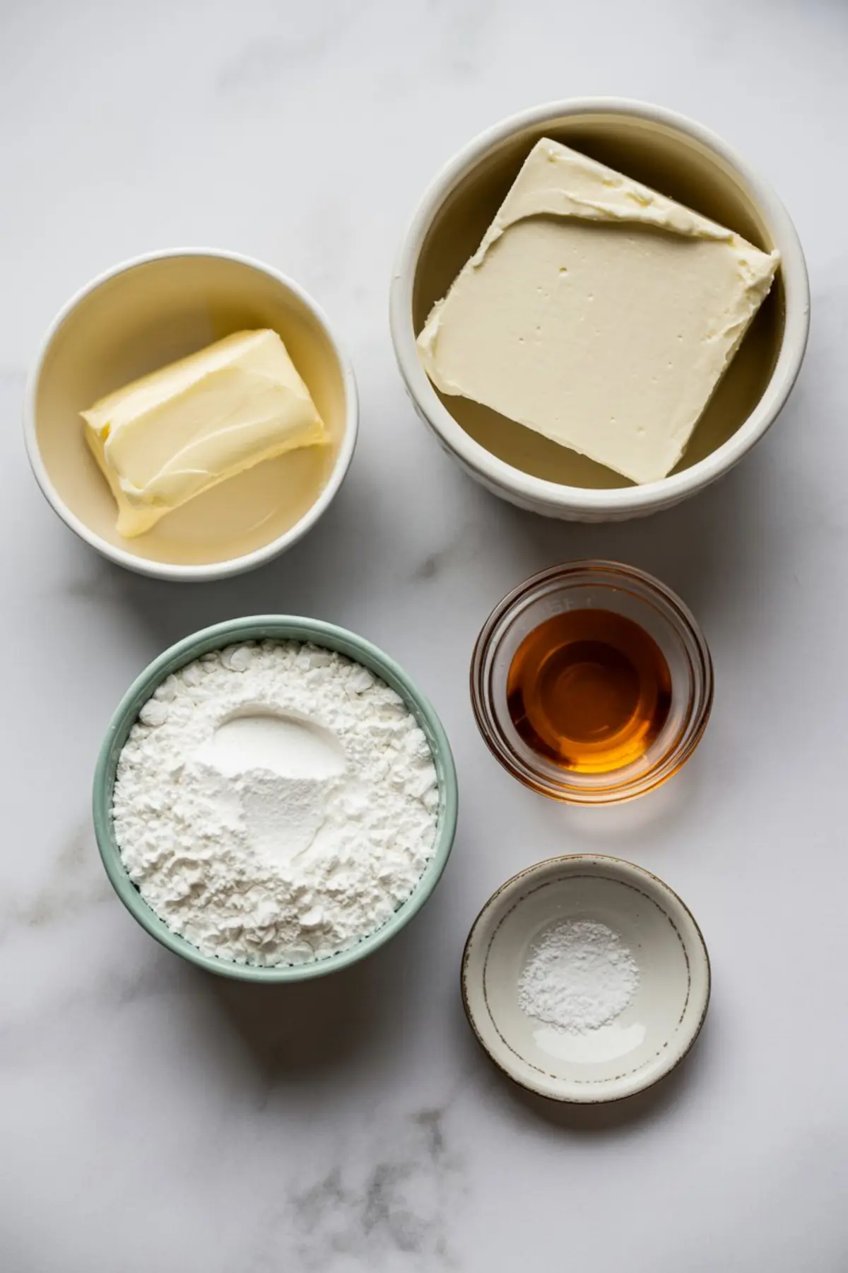 Overhead view of cream cheese frosting ingredients including butter, cream cheese, powdered sugar, vanilla extract, and cornstarch arranged in small bowls on a marble surface.