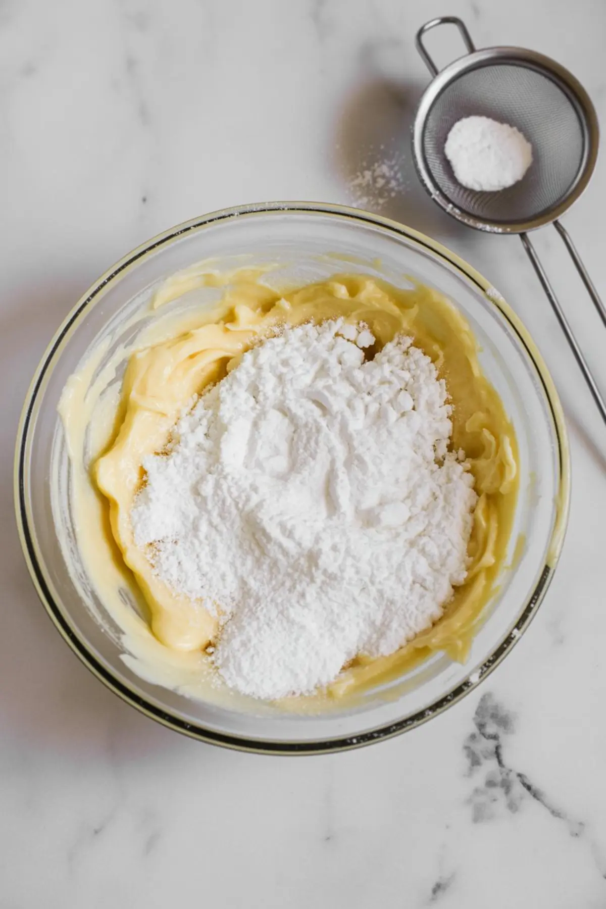 Bowl of butter mixture topped with sifted powdered sugar and cornstarch beside a fine-mesh sieve on a marble counter.