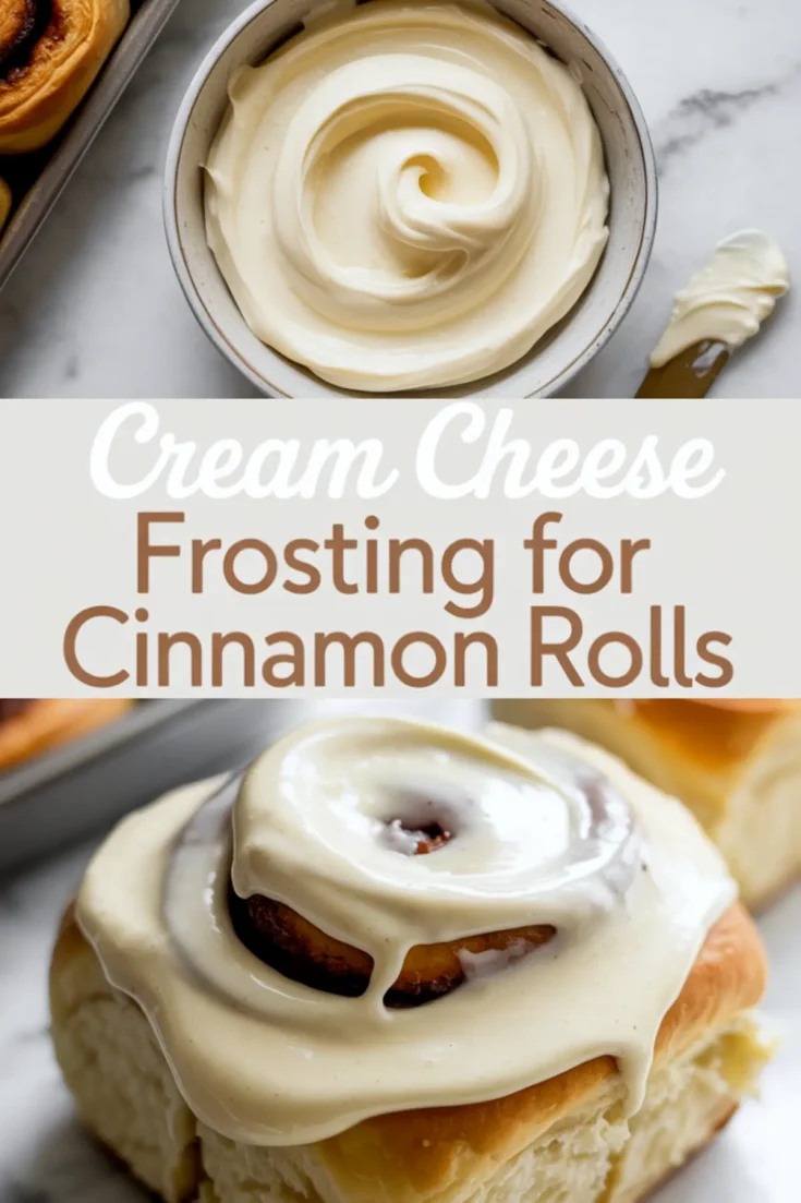 Two-panel graphic showing a bowl of creamy frosting beside cinnamon rolls and a close-up of a warm cinnamon roll topped with glossy cream cheese icing, with overlay text “Cream Cheese Frosting for Cinnamon Rolls” in elegant typography.