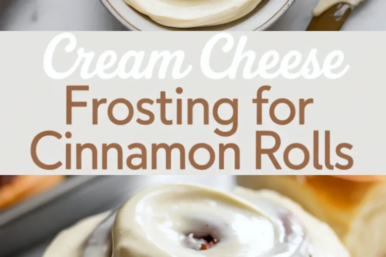Two-panel graphic showing a bowl of creamy frosting beside cinnamon rolls and a close-up of a warm cinnamon roll topped with glossy cream cheese icing, with overlay text “Cream Cheese Frosting for Cinnamon Rolls” in elegant typography.