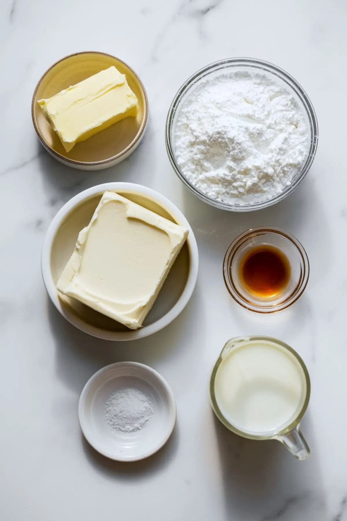 Flat lay of cream cheese frosting ingredients on white marble, including butter, cream cheese, powdered sugar, vanilla extract, baking powder, and milk in bowls and measuring cups.
