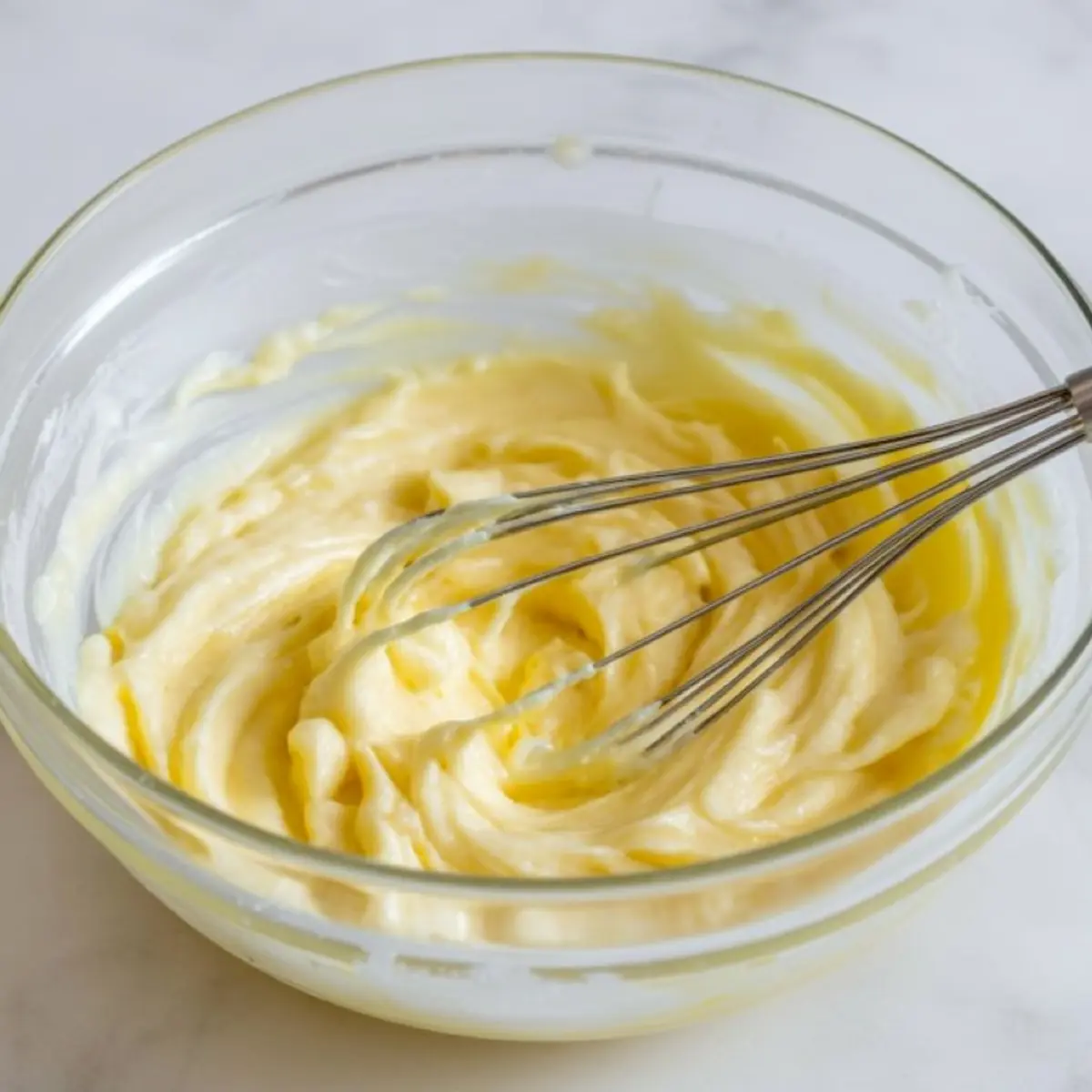 Smooth and creamy cookie dough batter being mixed in a glass bowl with a metal whisk on a white countertop.