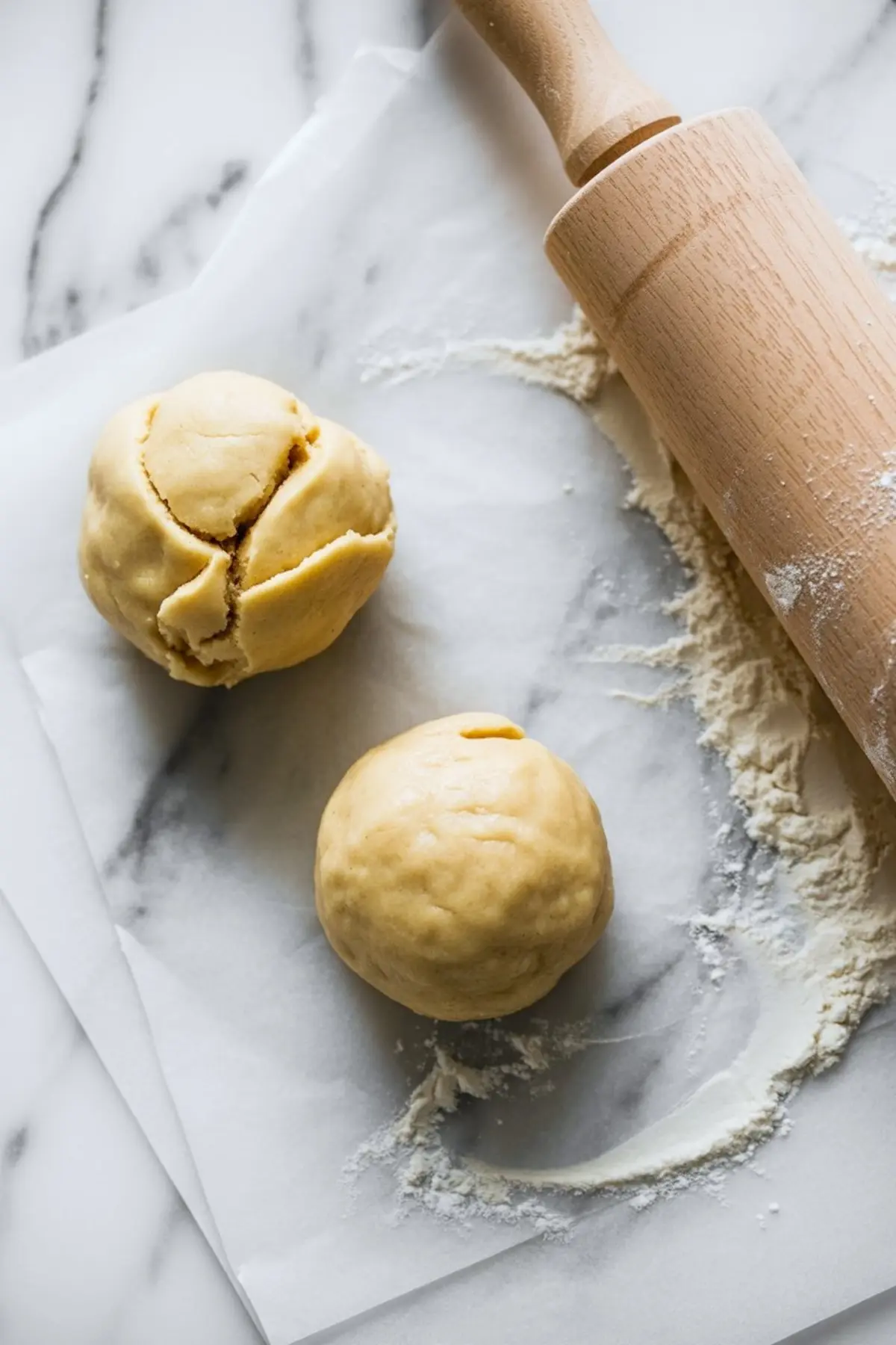Two smooth balls of cookie dough resting on floured parchment paper next to a wooden rolling pin on a marble counter.