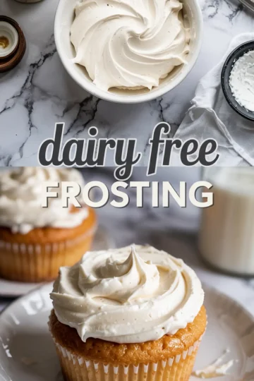 Top-down collage featuring a bowl of swirled vanilla frosting above and a frosted golden cupcake below, with bold text reading “dairy free frosting,” showcasing vegan dessert styling.