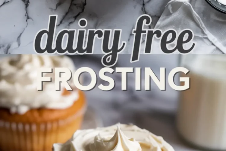 Top-down collage featuring a bowl of swirled vanilla frosting above and a frosted golden cupcake below, with bold text reading “dairy free frosting,” showcasing vegan dessert styling.