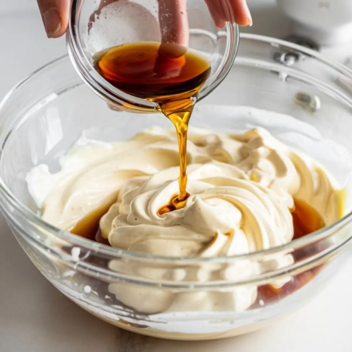 A stream of golden vanilla extract pours into a bowl of fluffy whipped frosting, highlighting the process of making homemade dairy-free buttercream.