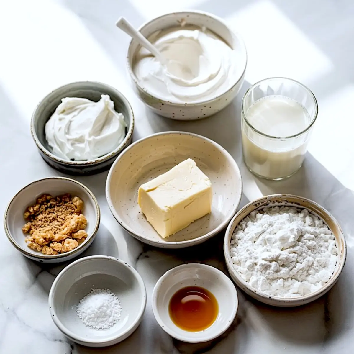 Flat lay of dairy-free frosting ingredients including plant-based butter, powdered sugar, vanilla extract, non-dairy milk, and two types of vegan cream in ceramic bowls on a marble surface.