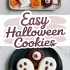 Collage of decorated Halloween cookies on metal and ceramic trays, featuring ghost-shaped sugar cookies, pumpkin cookies, and chocolate cookies topped with candy eyeballs, with the text “Easy Halloween Cookies.”