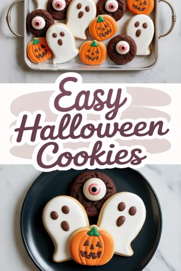 Collage of decorated Halloween cookies on metal and ceramic trays, featuring ghost-shaped sugar cookies, pumpkin cookies, and chocolate cookies topped with candy eyeballs, with the text “Easy Halloween Cookies.”