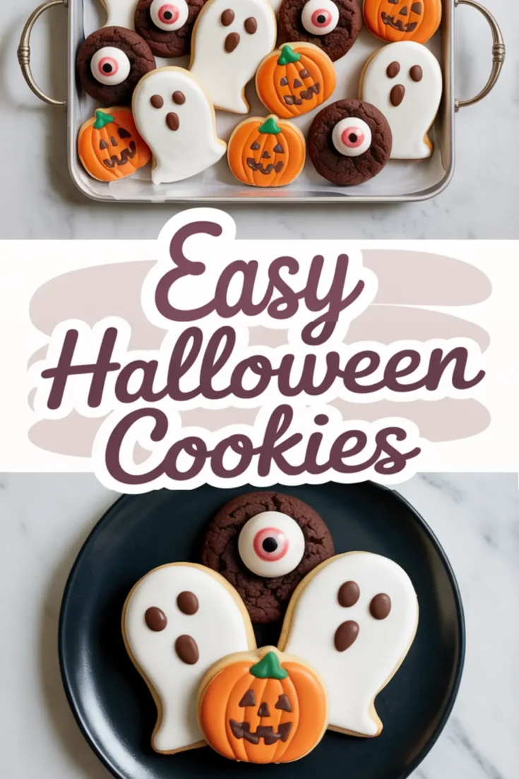 Collage of decorated Halloween cookies on metal and ceramic trays, featuring ghost-shaped sugar cookies, pumpkin cookies, and chocolate cookies topped with candy eyeballs, with the text “Easy Halloween Cookies.”
